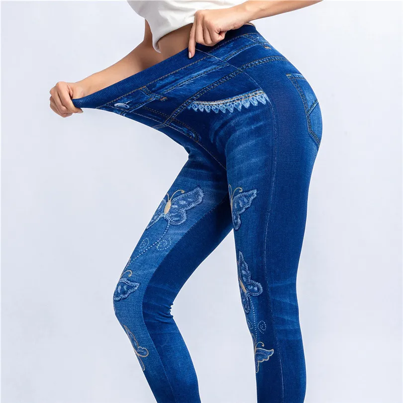 Ljcuiyao Push Up Naadloze Hoge Taille Jeans Leggings Vrouwen Herfst Elastische Jeggings Denim Broek Vlinder Afdrukken Patroon Bodem