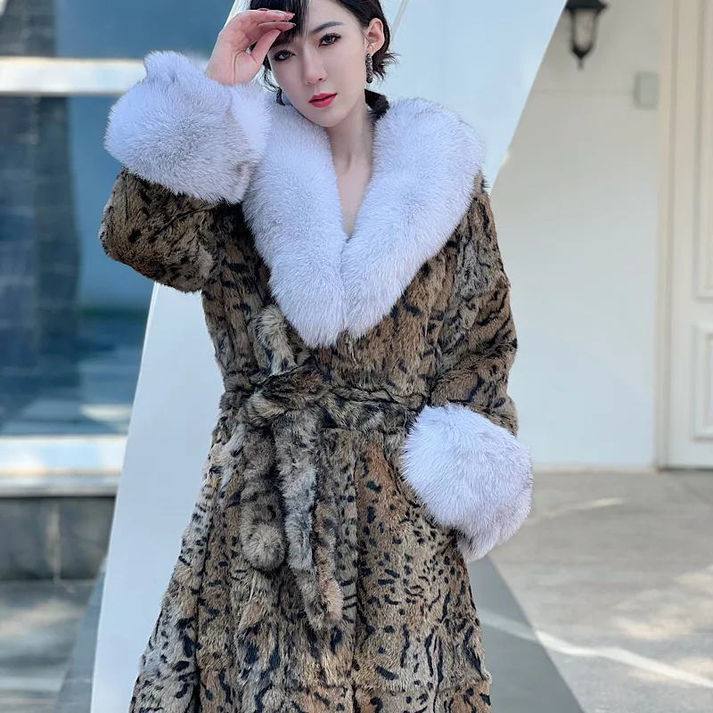 

2024 Woman Winter Women Rabbit Fur Coats With Fox Lapel Collar Natural Whole Skin Rabbit Fur Long Jackets Overcoat Luxury