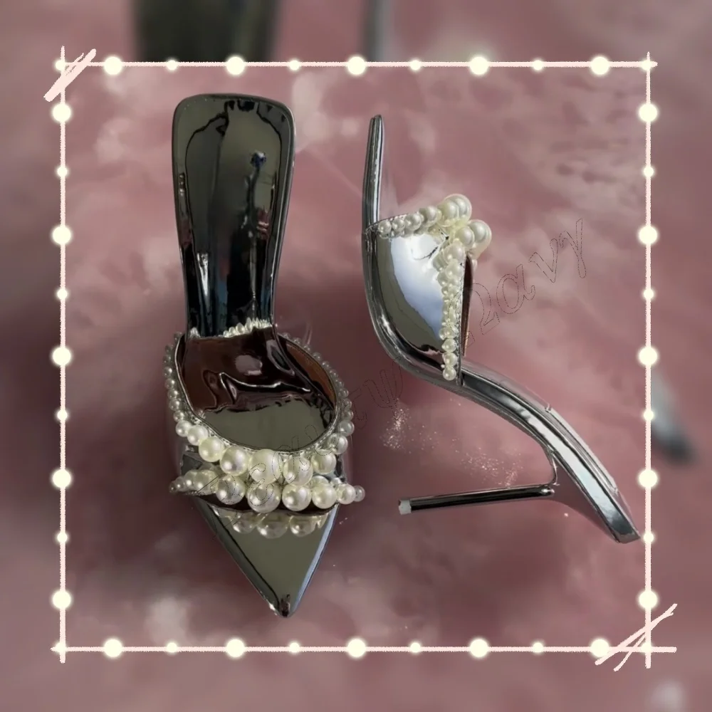 

Silver Pearl Decor Slippers Sandals Slip on 12 cm Pointed Toe Shallow Heels Women Heel Shoes for Women 2025 Zapatos Para Mujere
