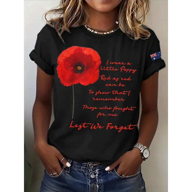 

Women's Anzac Day Commemorative Print T-Shirts Summer Casual Round Neck T Shirts Short Sleeve Tops