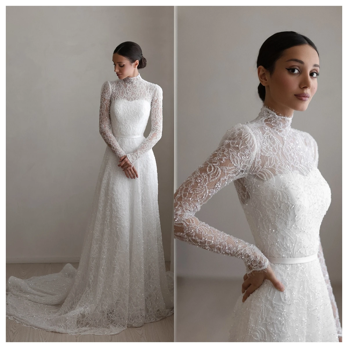 Robe de soirée en dentelle blanche, personnalisée, exquise, col haut, manches longues, robes d'occasion sur mesure, robe de mariée de haute qualité