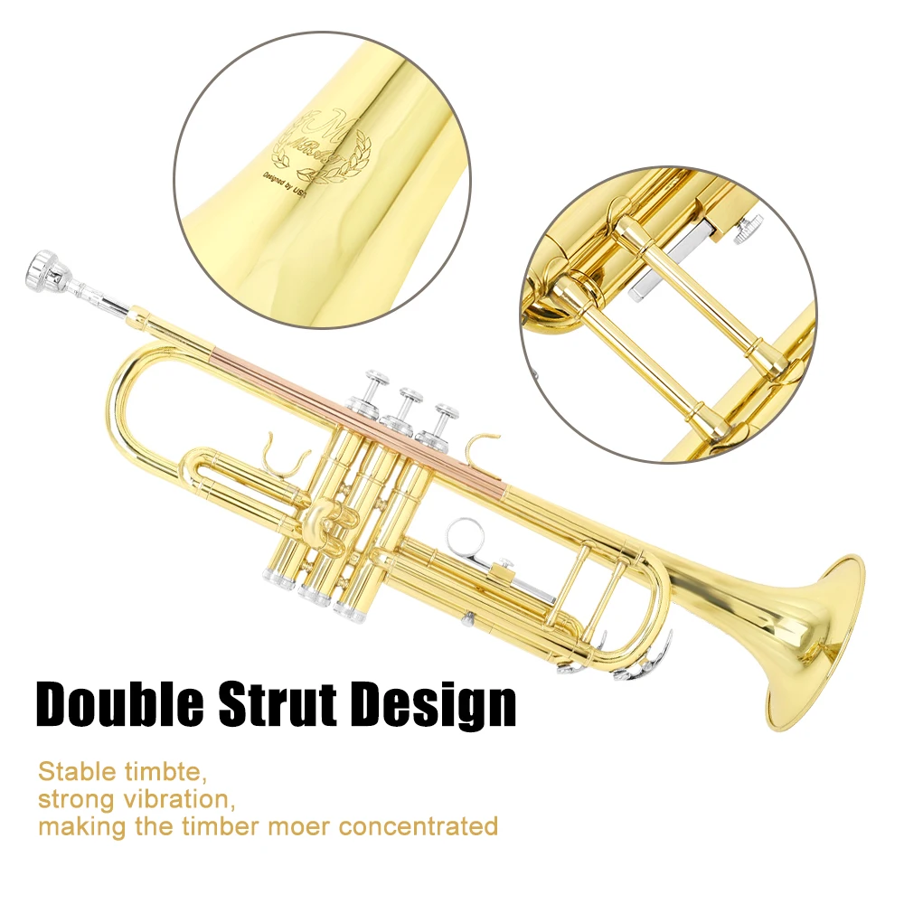 Bb Brass Student Trumpet 3 Piston Valves Multiple Colors Set With Case & Stand For Beginner School Band Practice