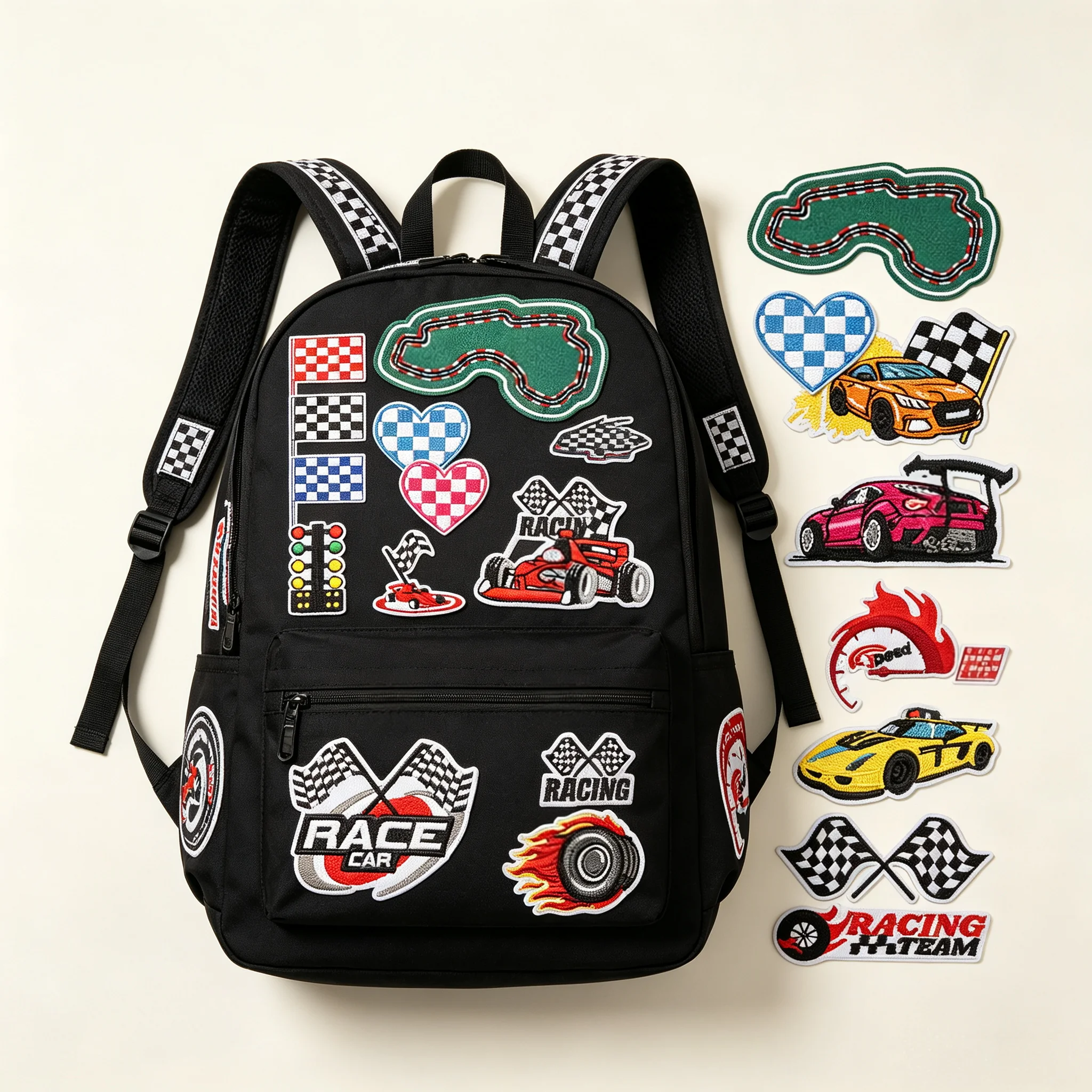 10Pcs Racing Car Embroidered Iron On Patches Race Flag Track Sports Car Applique for Jacket Backpack DIY Decor