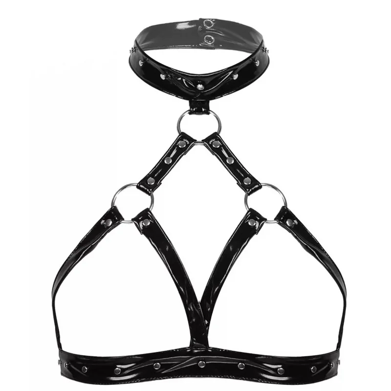 

Women's Latex Open Cup Erotic Lingerie Femme Sexy Exposed Breast Bralette Nightwear PVC Leather Adjustable Halter Neck Bras Tops