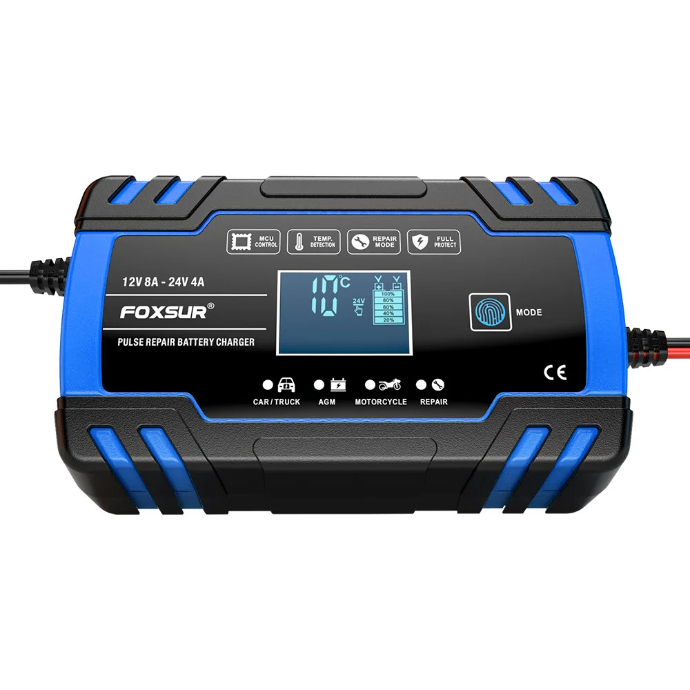 FOXSUR Car Battery Charger 12V 8A 24V 4A Touch Screen Pulse Repair LCD Fast Power Charging Wet Dry Lead Acid Digital LCD Display