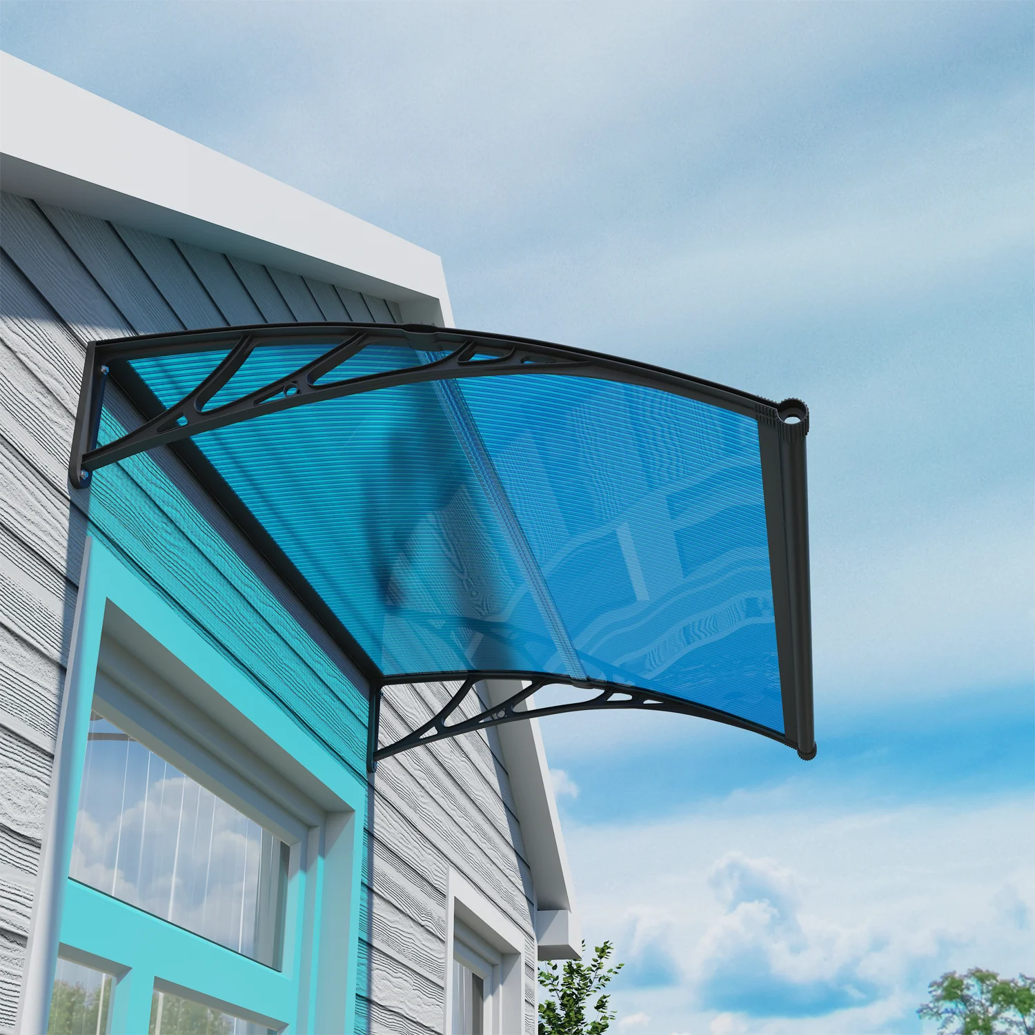 

30"x40" 80x100cm Window Door Awning Canopy with Separate Drainage Sink for Patio Balcony Door Entrance Black Bracket Blue Board