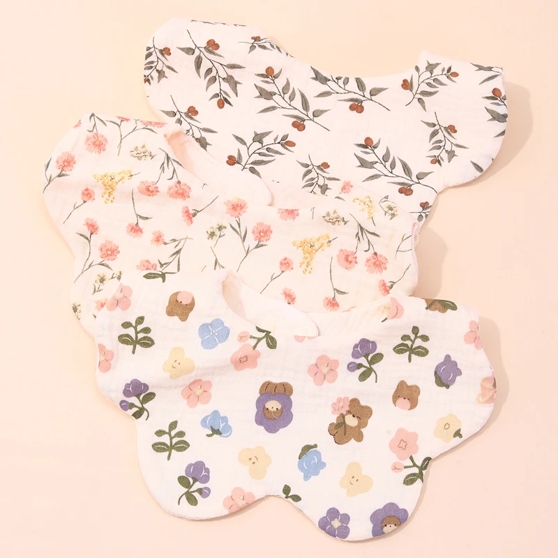 

3PCS Set Cartoon Children's Baby Fashion Flowers Design Bib Cotton Printed Saliva Towel Infant Feeding Supplies Boys Girls Bibs