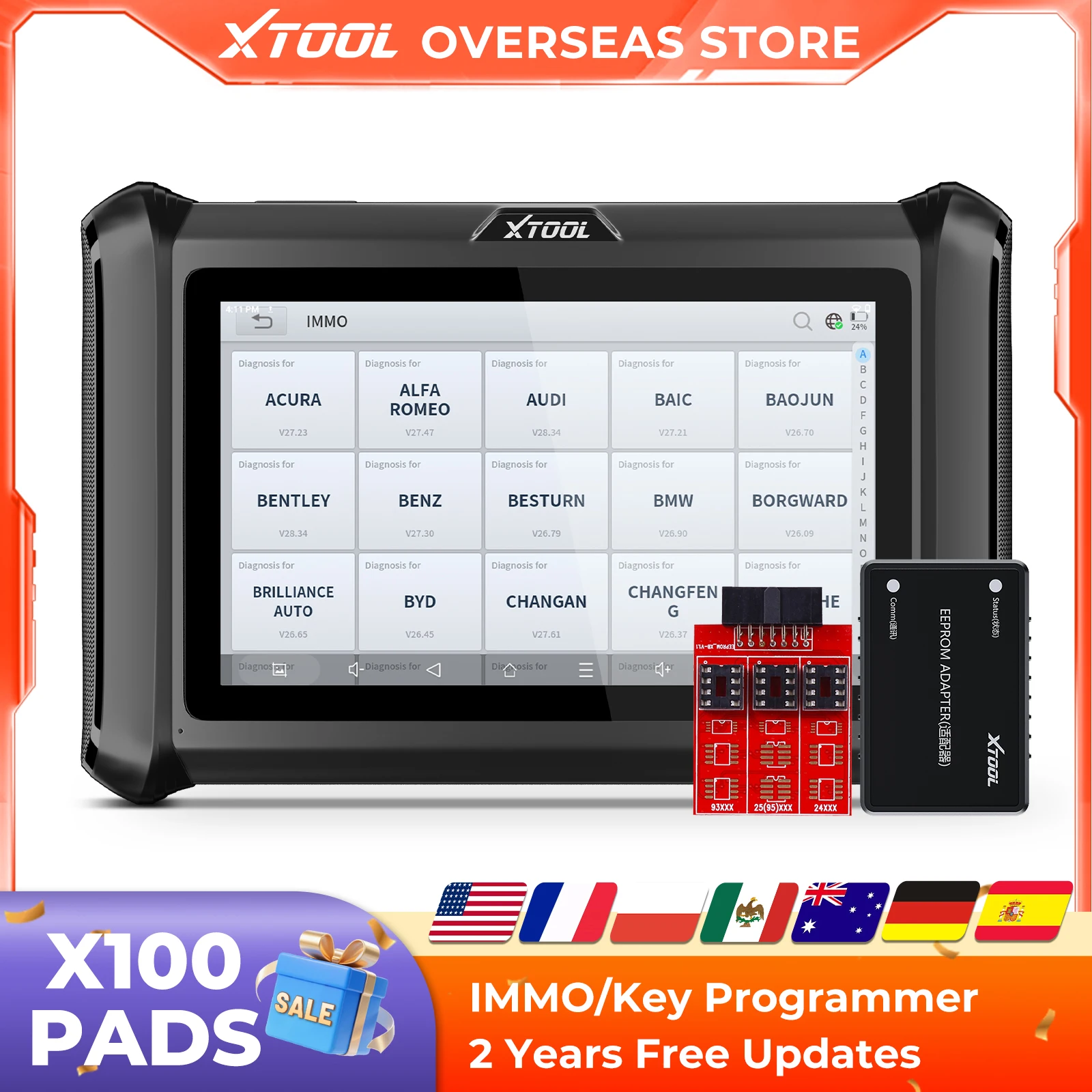 XTOOL X100 PADS V2.0 Schlüsselprogrammierer Kfz-Scanner IMMO Lese-/Schreibchip All Key Lost OBD2-Diagnosetool mit CANFD DOIP