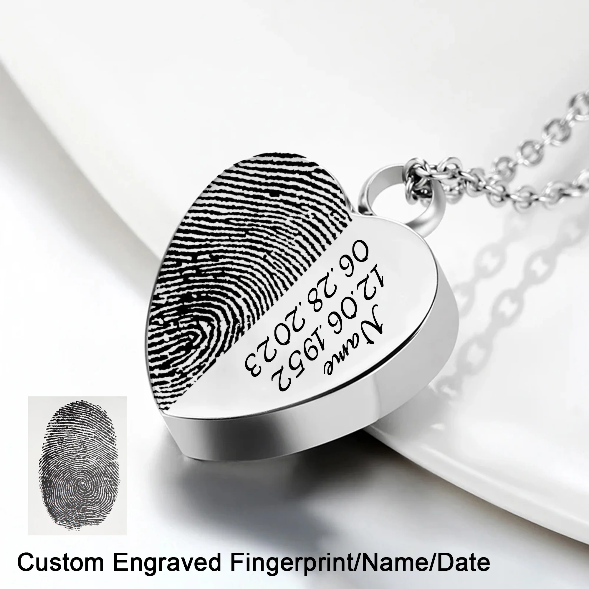 Customized Engraving Fingerprint Heart Cremation Jewelry  Memorial Ashes Pendant for Men Women-Personalized Custom