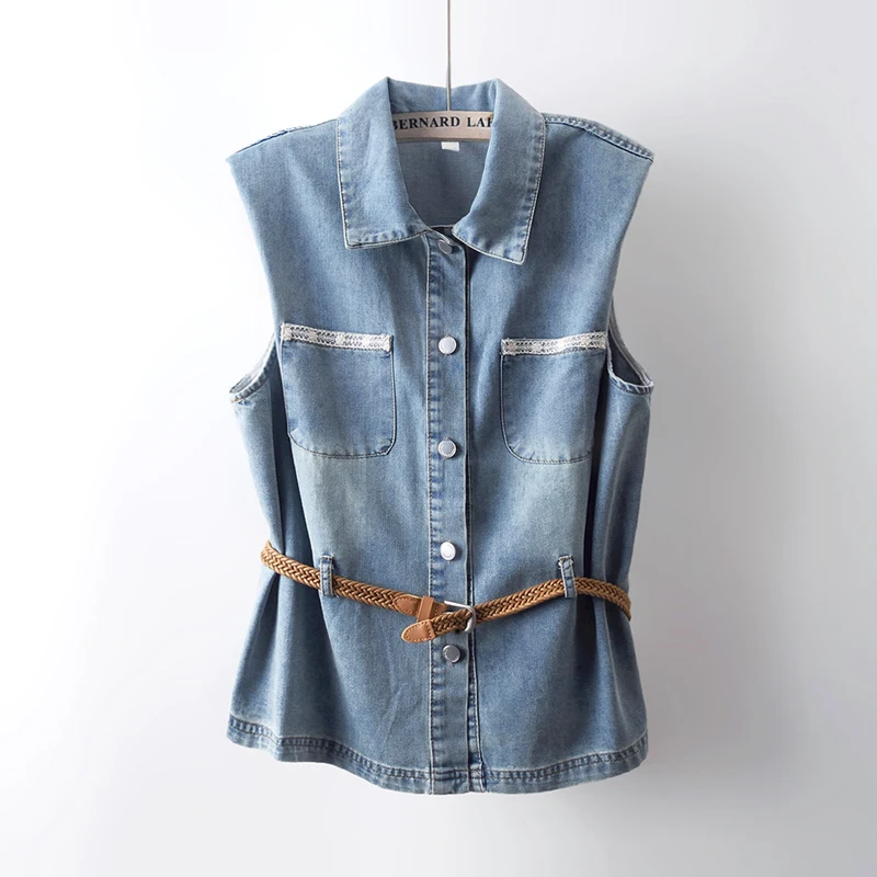 

Light Blue Dark Blue Summer New Women Fashion Lace Patchwork Pocket Cowboy Vest With Belt Lapel Sleeveless Denim Waistcoat Femal