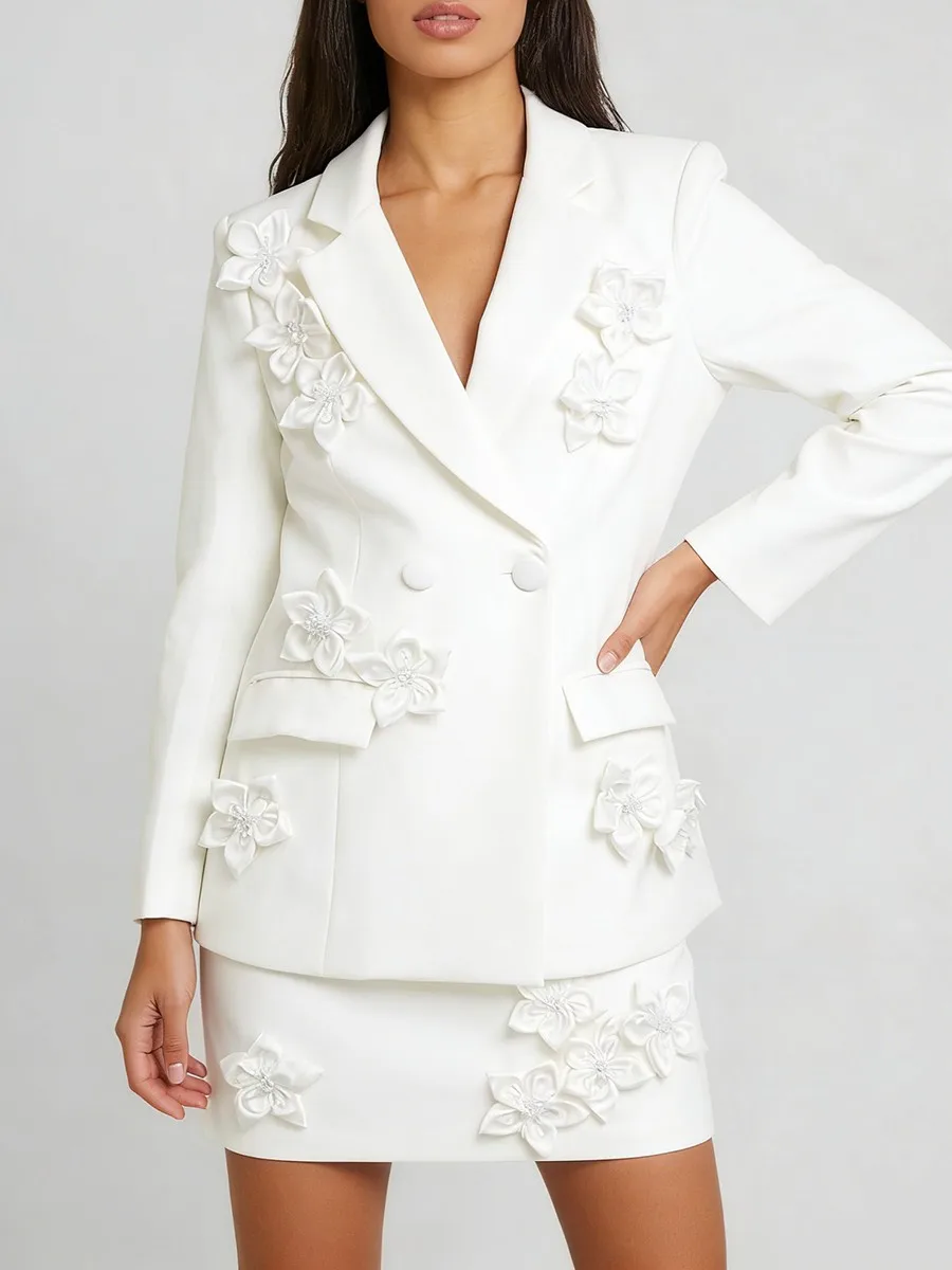 TWOTWINSTYLE Solid Spliced 3D Flower Two Piece Sets for Women Lapel Long Sleeves Blazer High Waist Skirt Minimalist Set Female