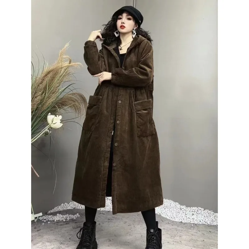 

Новая зимняя винтажная однотонная толстовка с толстым вельветовым капюшоном, свободная куртка большого размера средней длины, вельветовый свитер