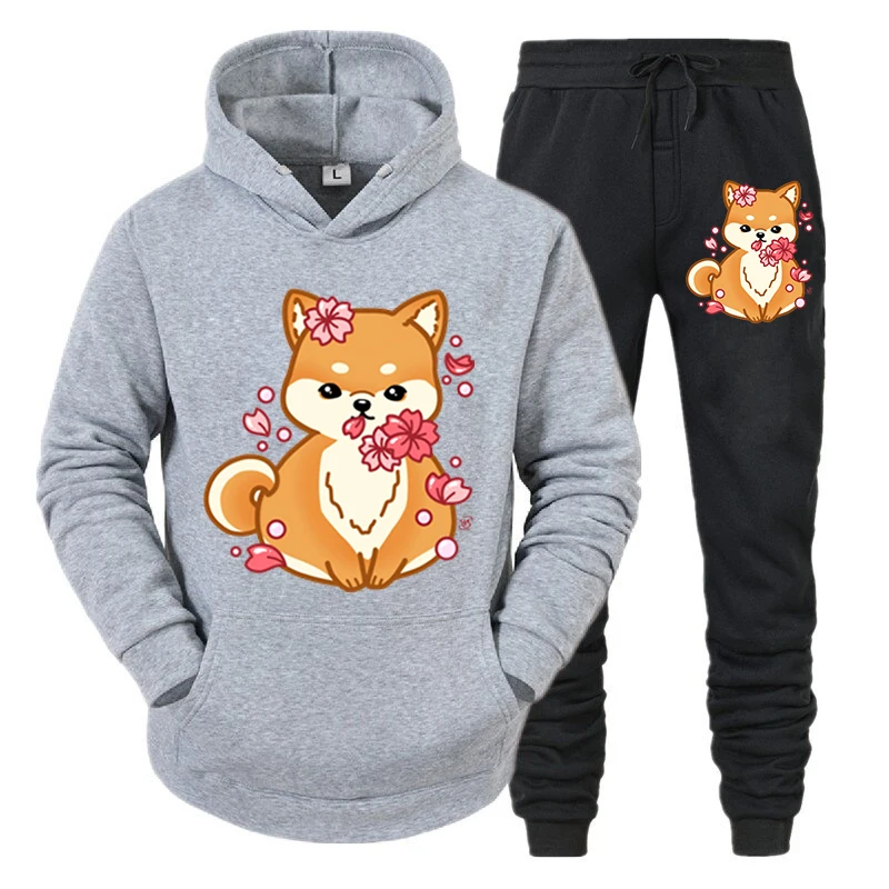 

2Pc Set Men's Anime Shiba Inu Print Tracksuits Funny Animal Dog Lover Hoodie+Trousers Suits Fashion Long Sleeve Autumn Sportwear