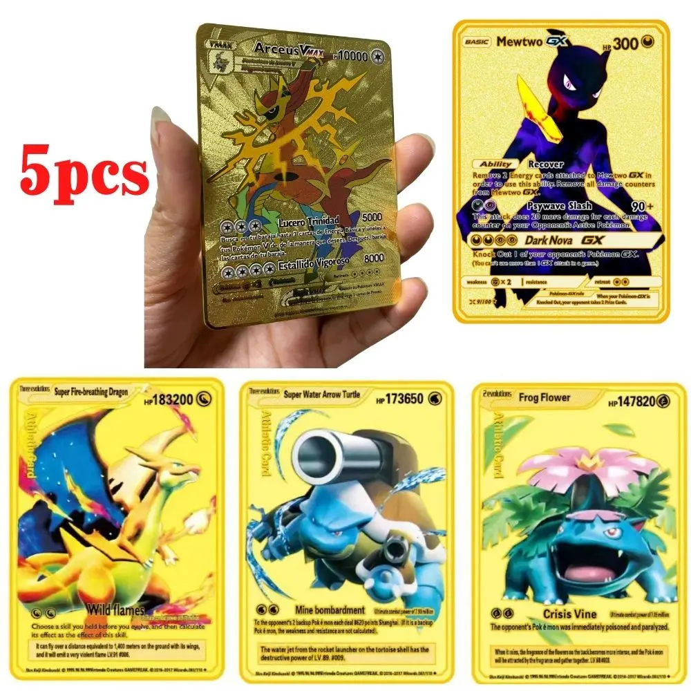 Cartas de hierro de Pokémon de 5 piezas, cartas brillantes de Metal dorado, Pikachu Mewtwo Charizard Vmax, colección de juegos, regalos de Metal de