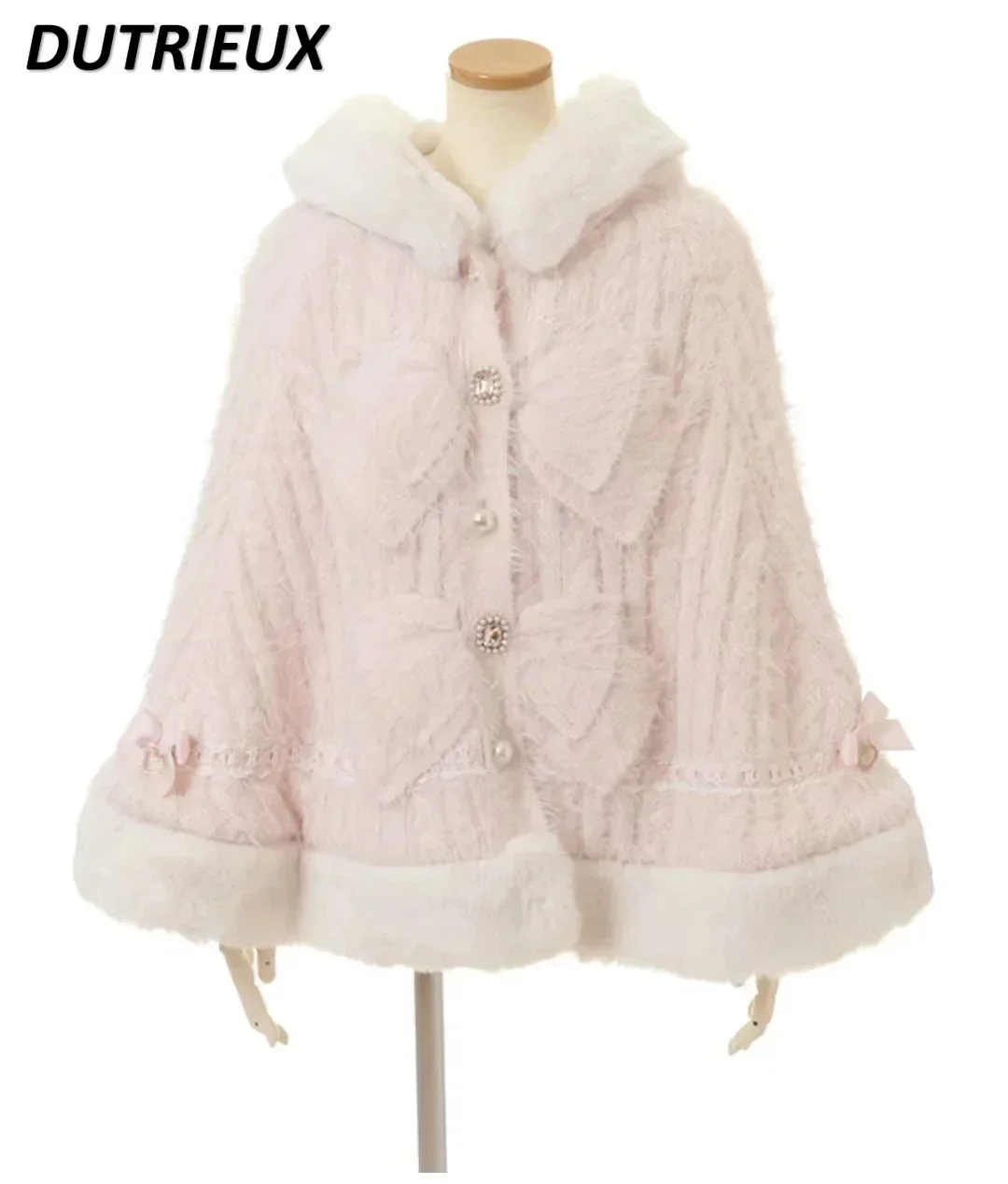 Japanese Sweet Soft Thick Double-Layer Ribbon Design Hooded Knitted Cloak Winter Kawaii Girls' Single-Breasted Sweater Coat