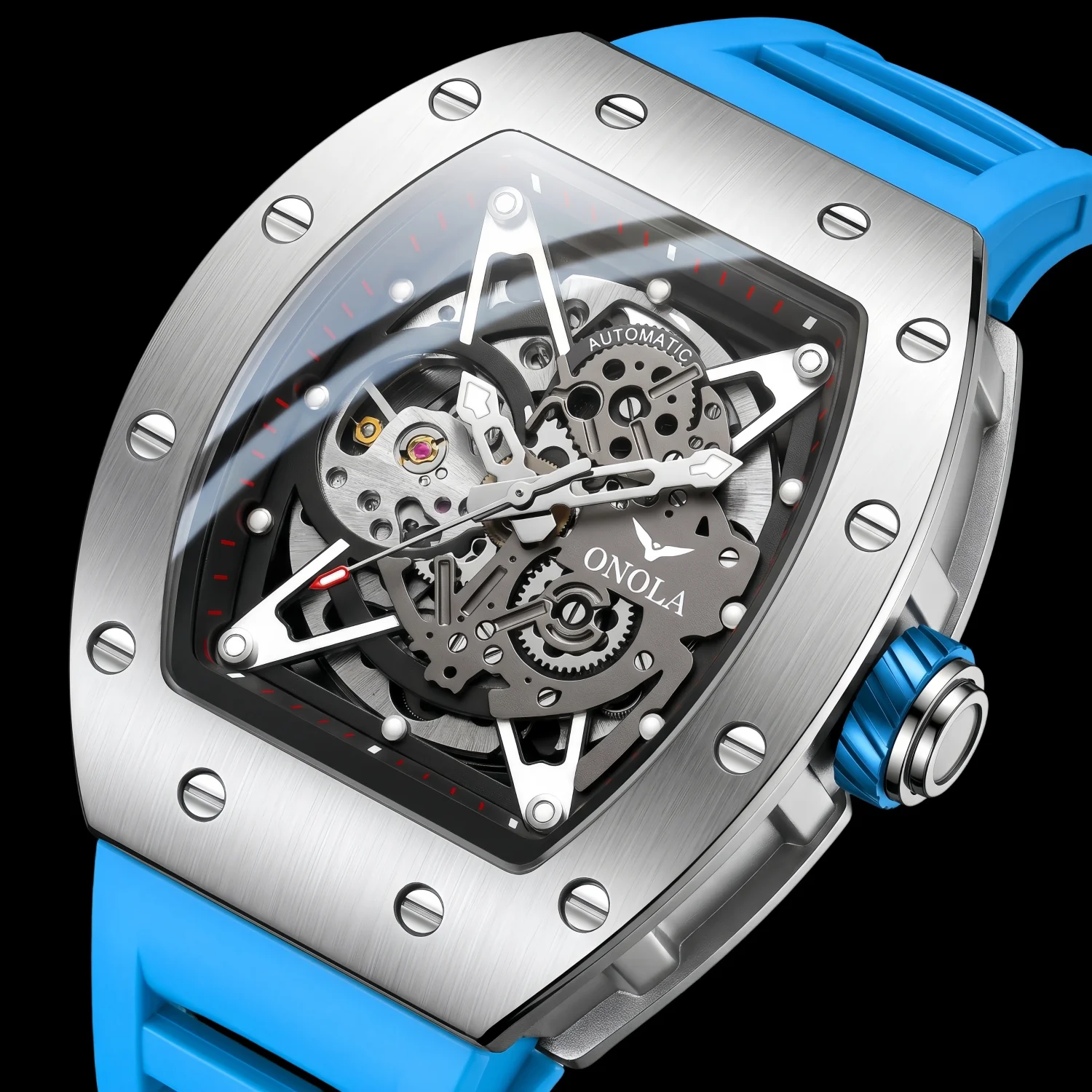 ONOLA Men's Mechanical Watch Alloy Case Silicone Strap Waterproof Night Light Hollow Design Racing Watch, Suitable for Daily view 6