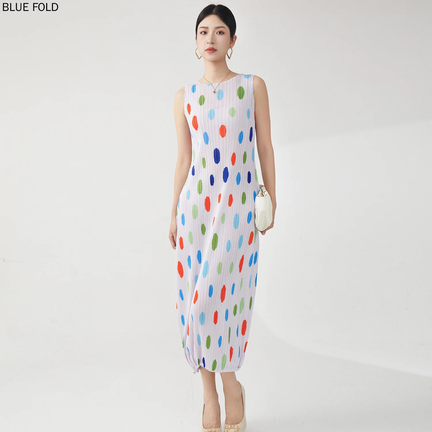 French Dress High-end New Polka Dot Loose Dress Drawstring Temperament Versatile Miyake Dress Elegant Vestido High Quality