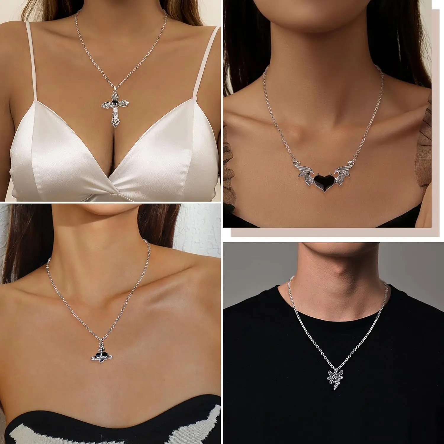 FASACCO Gothic Jewellery Set For Women Men Necklace Dangle Heart Earrings Vintage Ring Y2k Stackable Jewellery for Halloween view 3