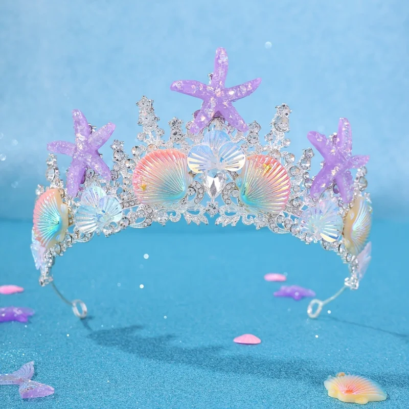 Gold Mermaid Crown with Iridescent Shell & Starfish, Crystal Ocean Tiara, Bridal Beach Wedding Headpiece view 5