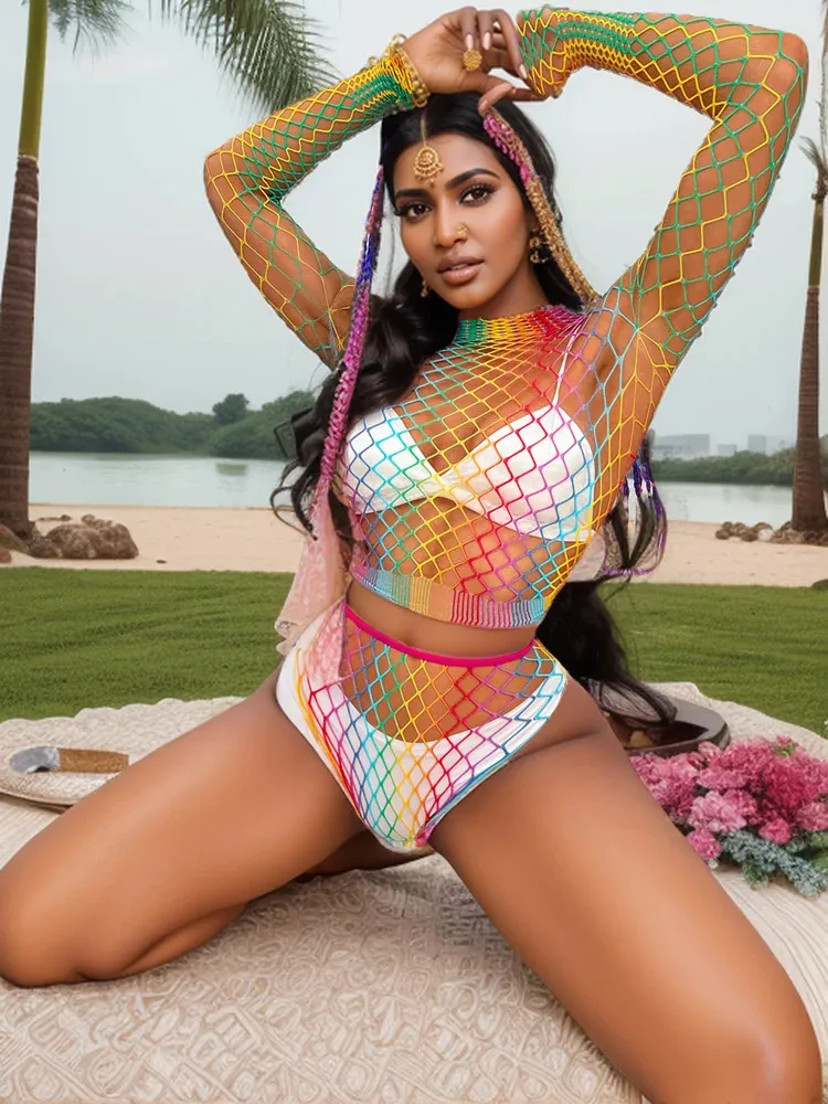 

2024 New Rainbow Underwear Set For Women Body Suit Costume Fishnet Bodysuit Ladies Mesh Erotic See Through Hollow Jumpsuit