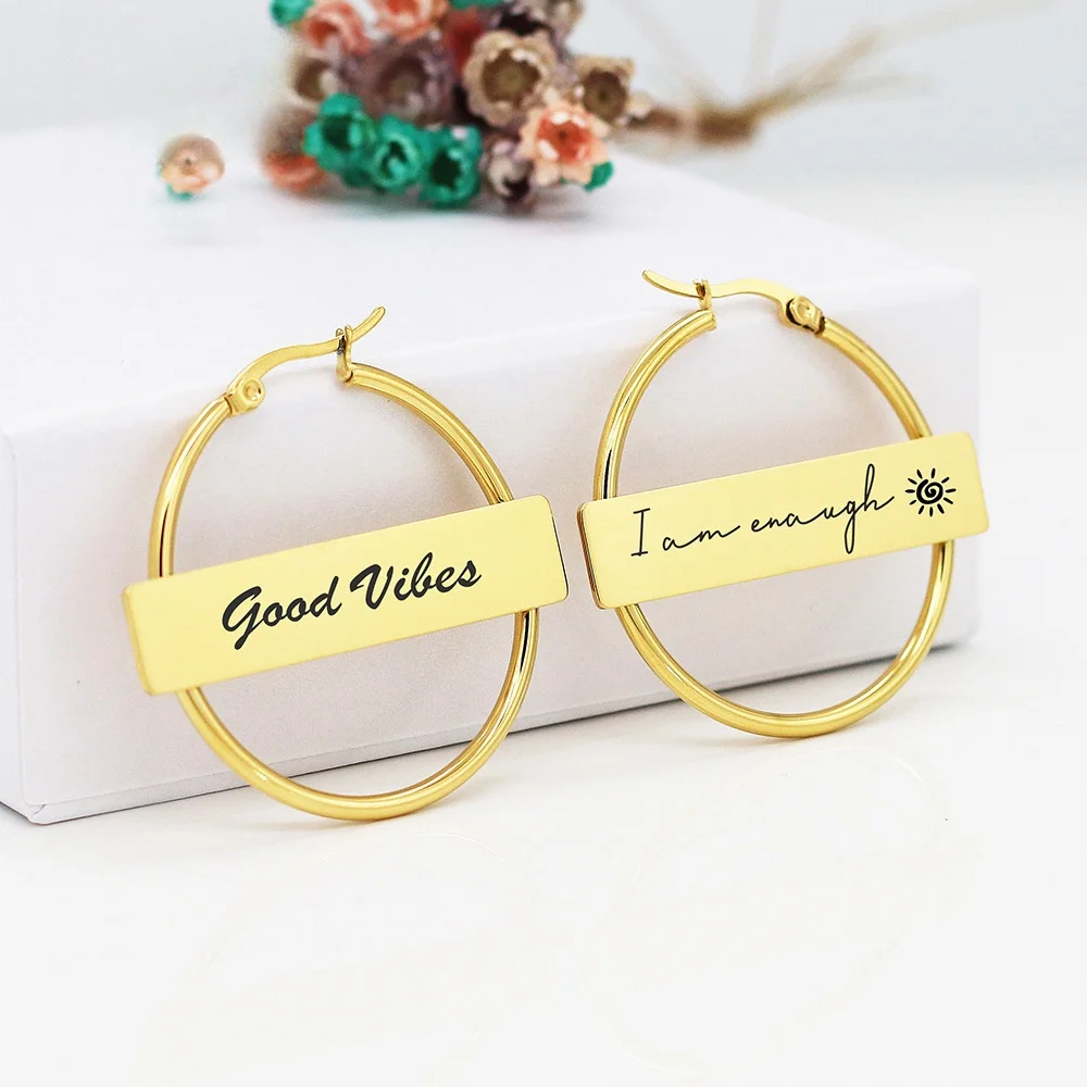 

Customize Stainless steel engraved earrings DIY Stylish and simple gifts for couples Round lettering earrings factory straight h