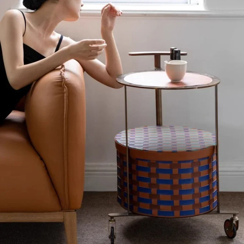 

Stainless steel double-layer cart coffee table movable side storage basket