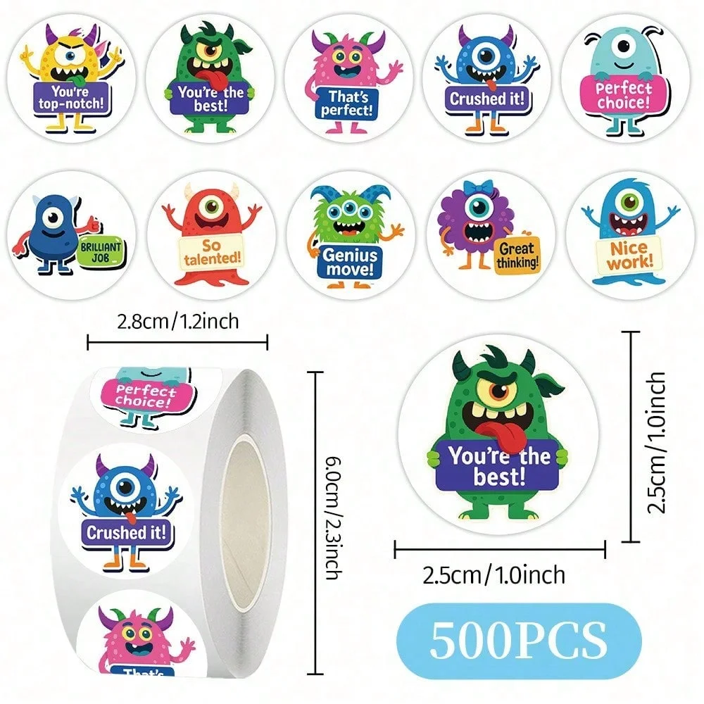 500Pcs/Roll Little Monster Sealing Stickers Funny Children's Reward Decal DIY Luggage Phone Guitar Scraphbook Waterproof Sticker