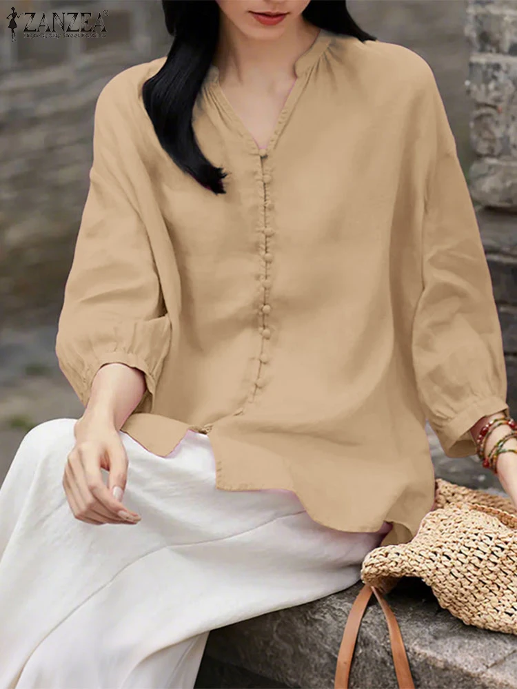 ZANZEA 2025 Casual Shirts Women Vintage 3/4 Sleeve Blusas Casual Loose Bottons Tunic Autumn V Neck Solid Color Tops Oversized