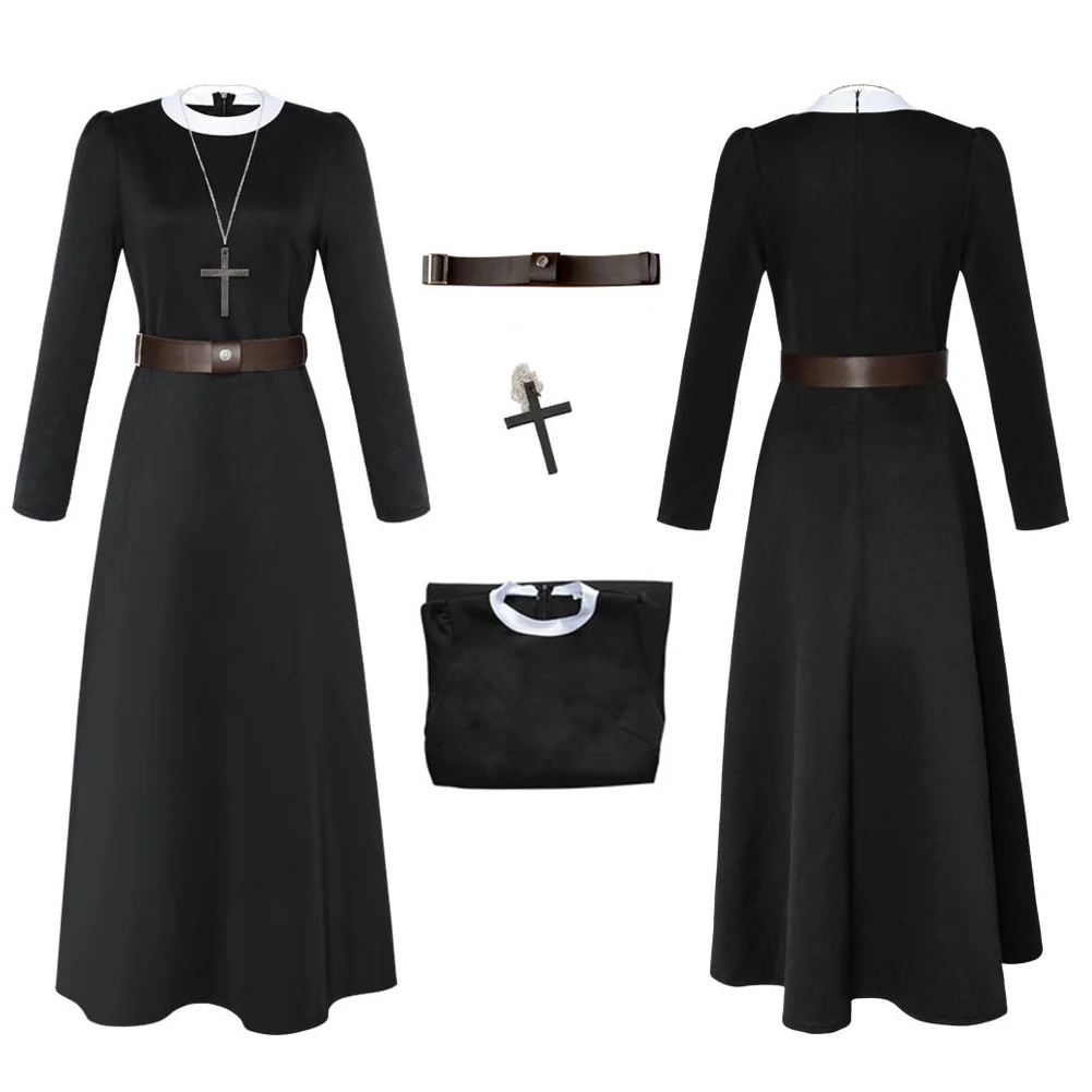 Nun Cosplay Costume Adult Women Black Dress Cross Necklace Belt Movie The Conjuring Outfits Halloween Carnival Role Play Suits