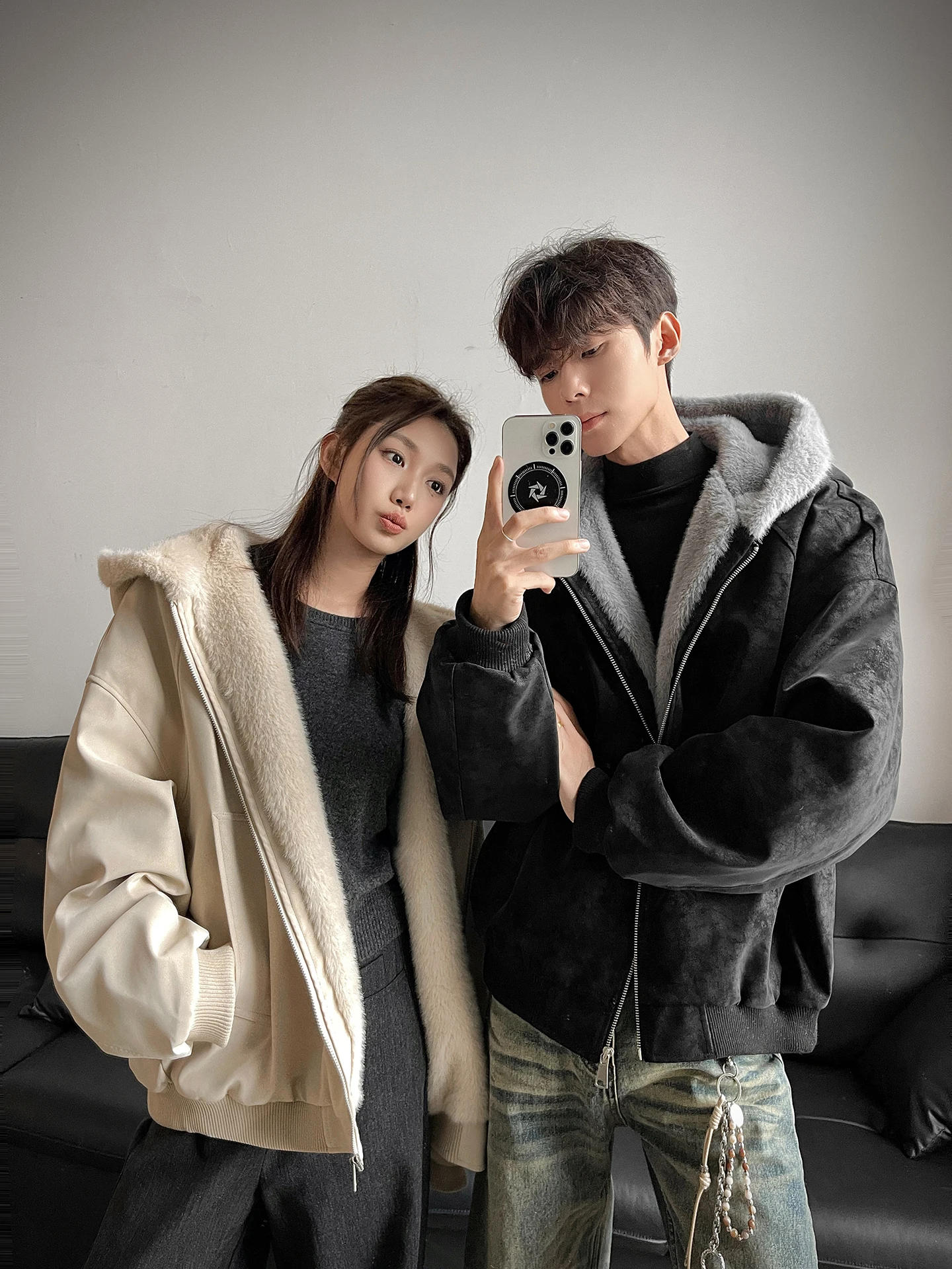 

Retro American Sle Thiened PU Leather Collar Cotton Jaet for Men Winter Coat Warm Fluffy Lined Hooded Casual Outerwear