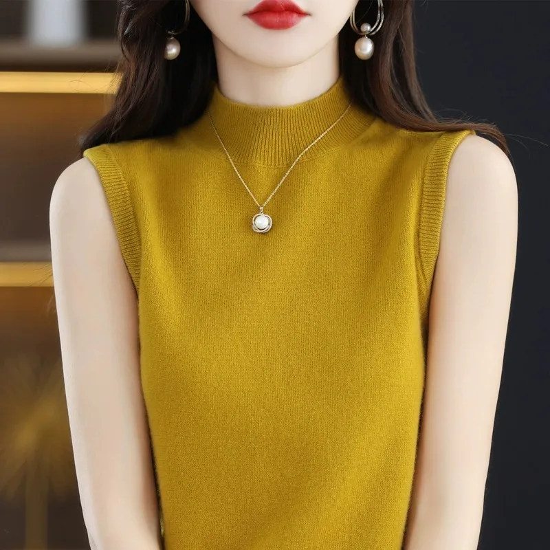 

Spring Autumn Sleeveless Women's Halter Neck Knitted Vest Pure Color Suit Inner Woolen Base Shirt round Neck Pullover Vest