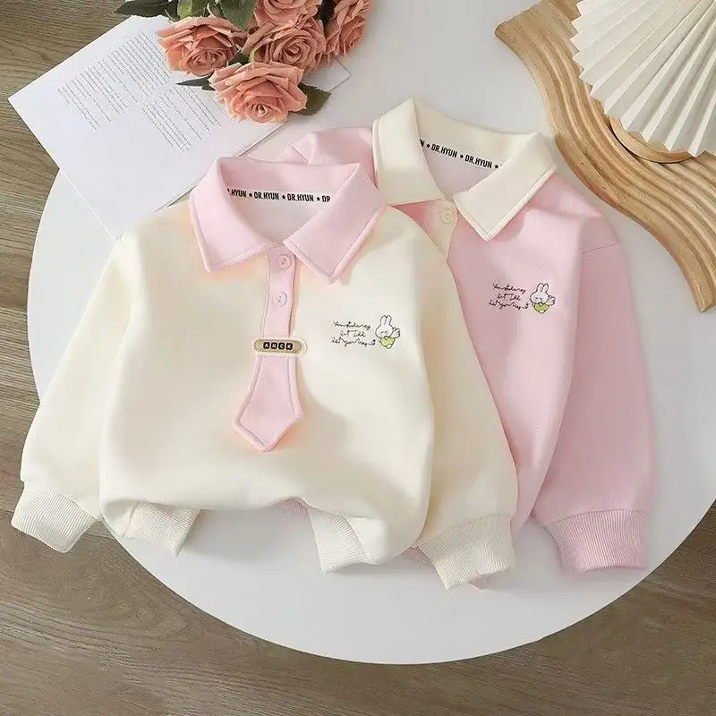 

Pure Cotton POLO Lapel Hoodie Baby Top Autumn And Winter New Style Girls' Western-style Cartoon Cute College Style Versatile Top