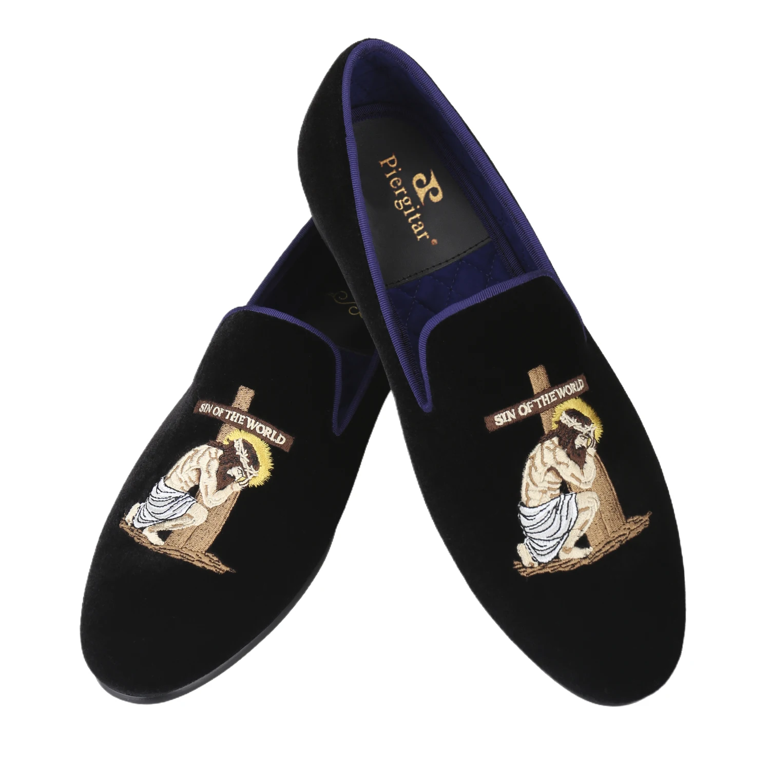Piergitar Party Formal Attire Classic Style Black Velvet Men Loafers With Custom Hand-Painted Embroidery Fashion Slip-On Shoes