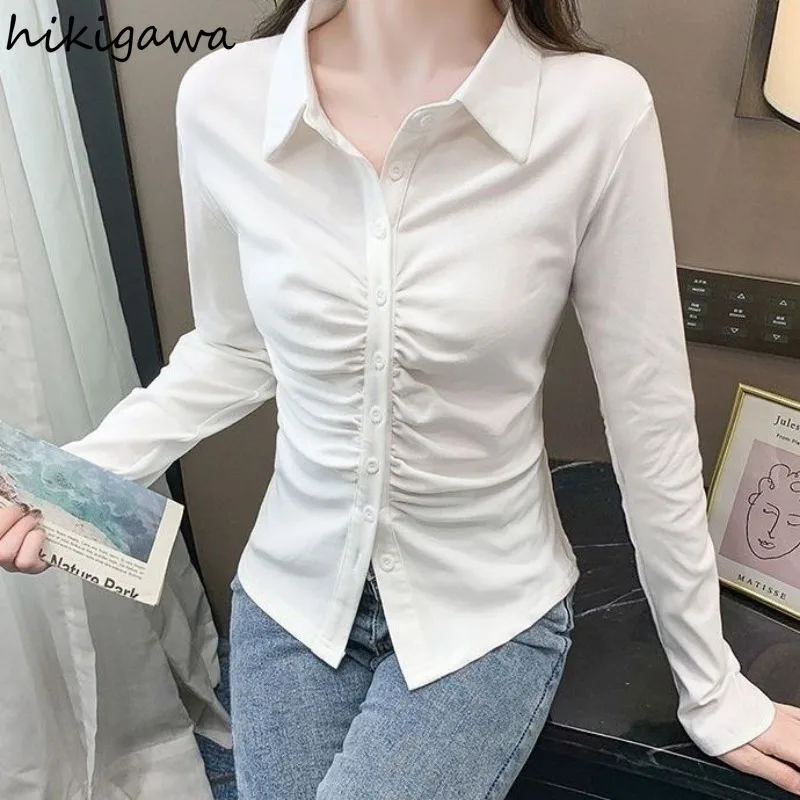 Long Sleeve Tunic Women Blouses Camisas De Mujer 2024 Temperament Ladies Tops Slim Waist Folds Single Breasted Shirts Blouse