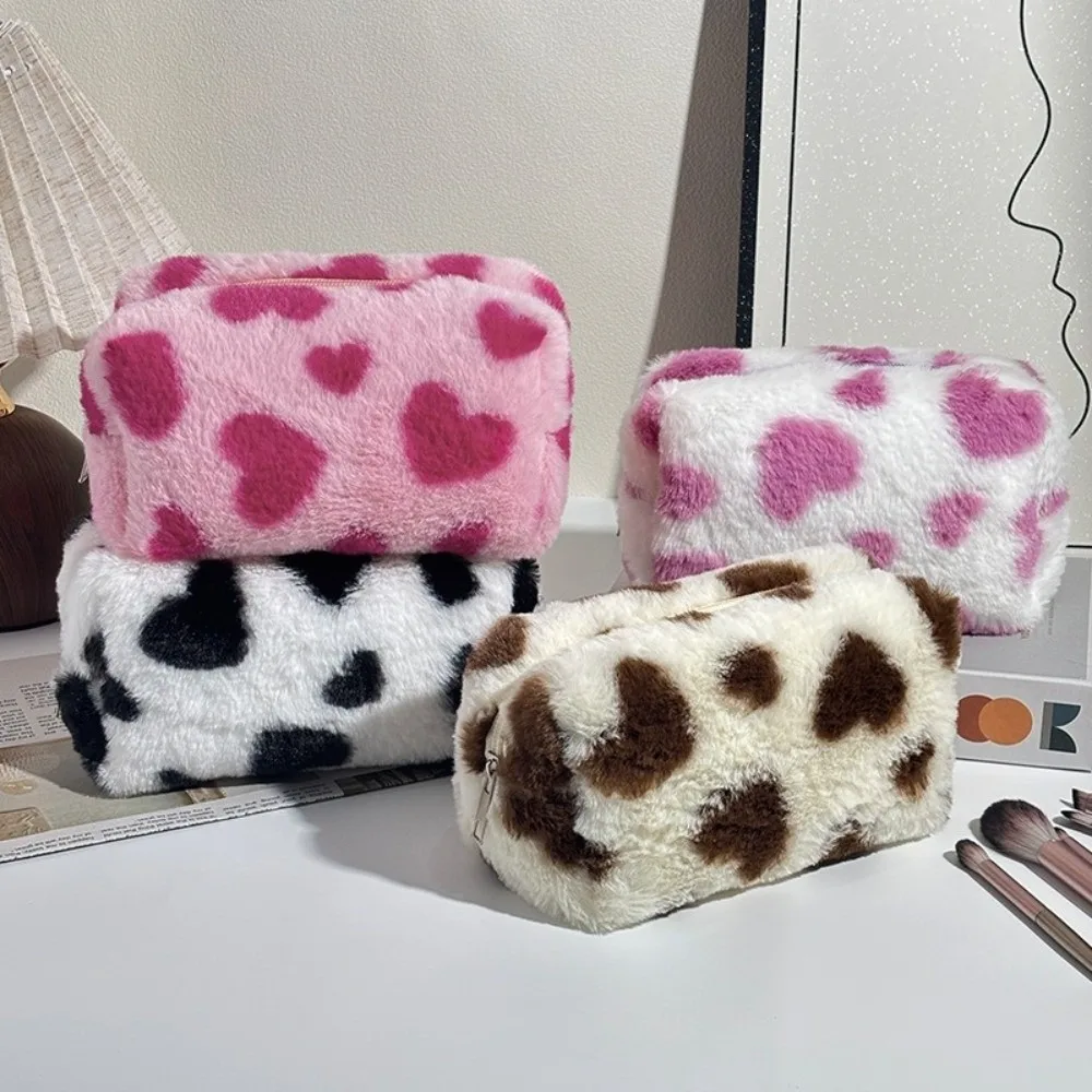 1Pc Durable Fluffy Makeup Bag Heart Print Large Capacity Cosmetic Pouch Toiletry Bag Home Travel