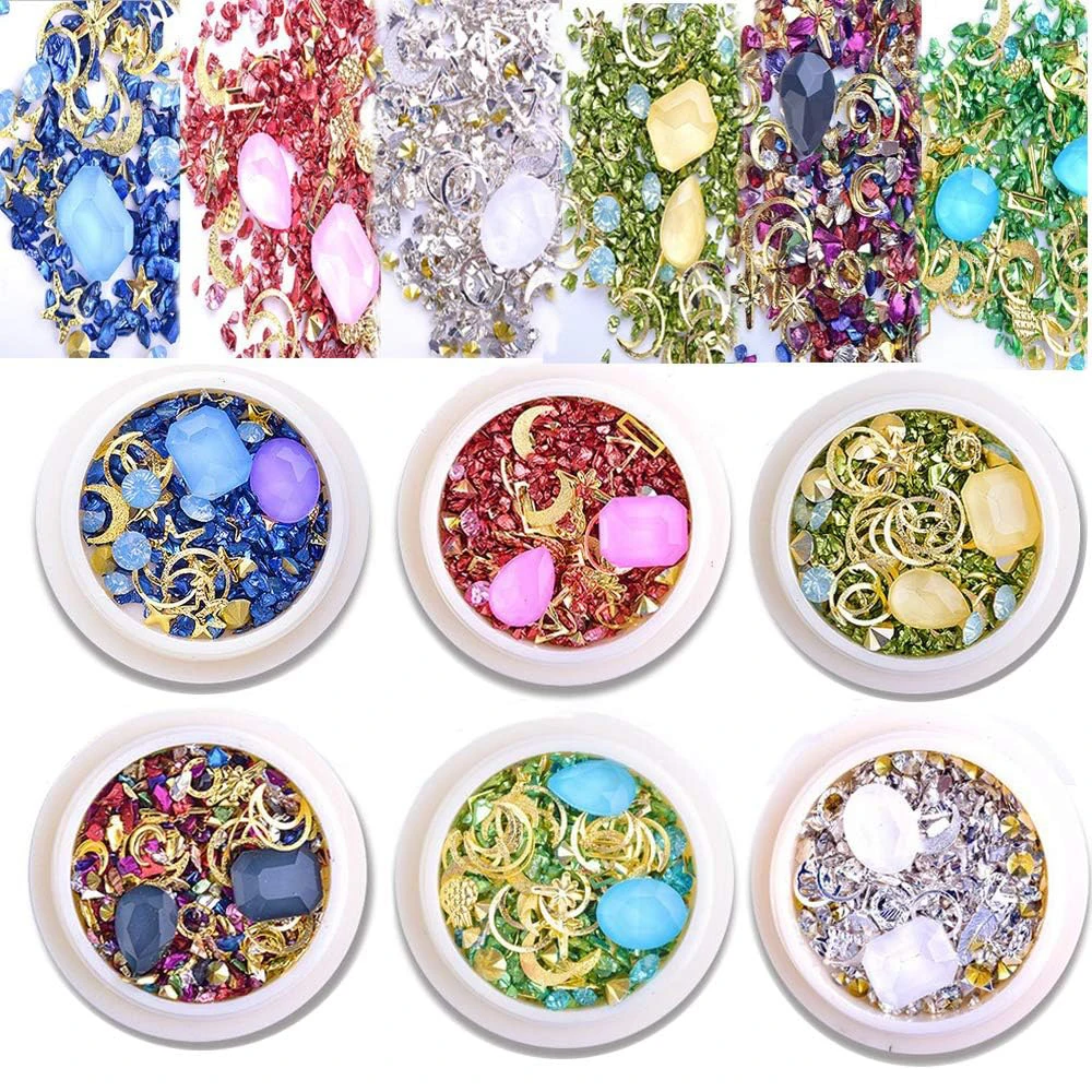 

Ebanku 6 коробок 3D смешанного дизайна ногтей со стразами и бриллиантами, большие украшения для ногтей с драгоценными камнями, декоративные принадлежности для дизайна ногтей, идеально подходят для домашнего маникюрного салона