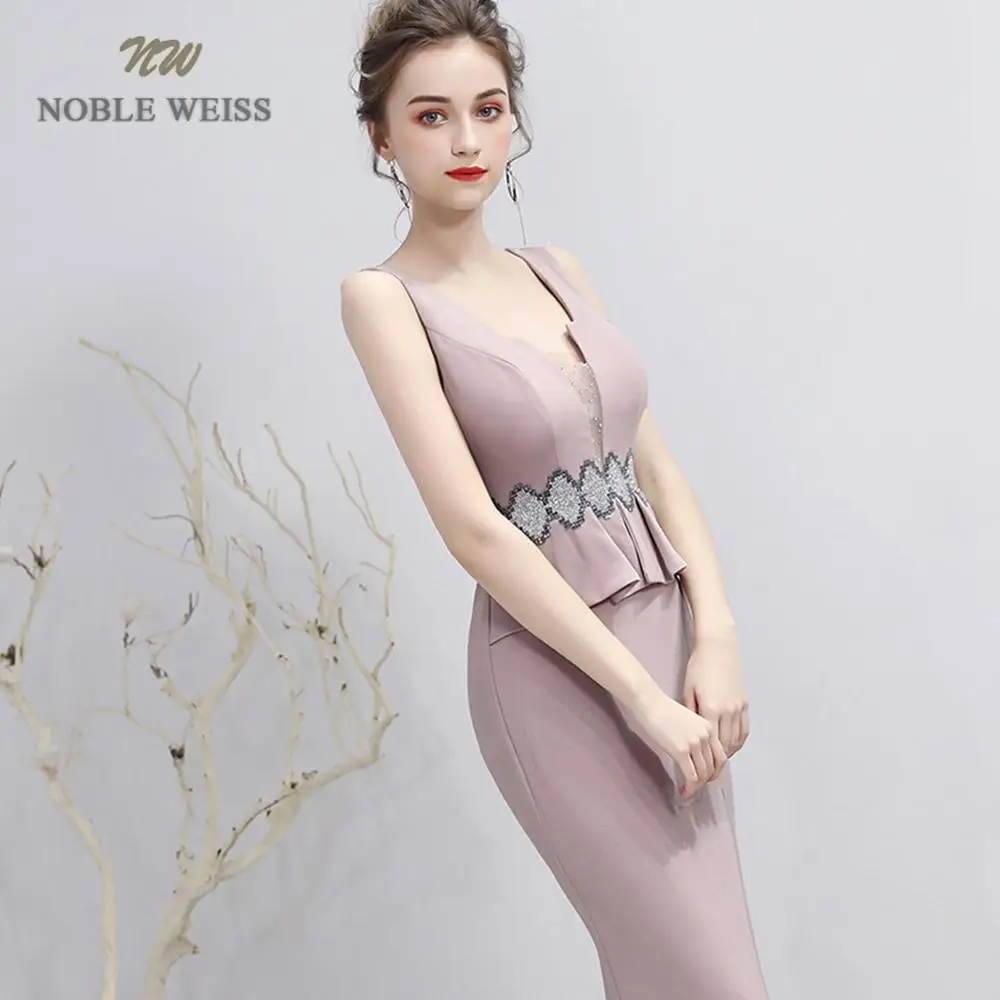 Sexy Prom Dress V-Neck Floor-Length Satin Beading Prom Dresses With Split Party Dress Customized