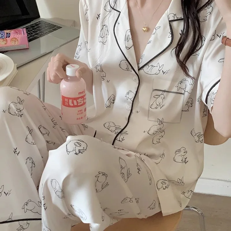 Ladies New Simple Cartoon Pajamas Loungewear Set Spring Summer Ice Silk Short Sleeve Pants Casual Pajamas Loungewear Ladies