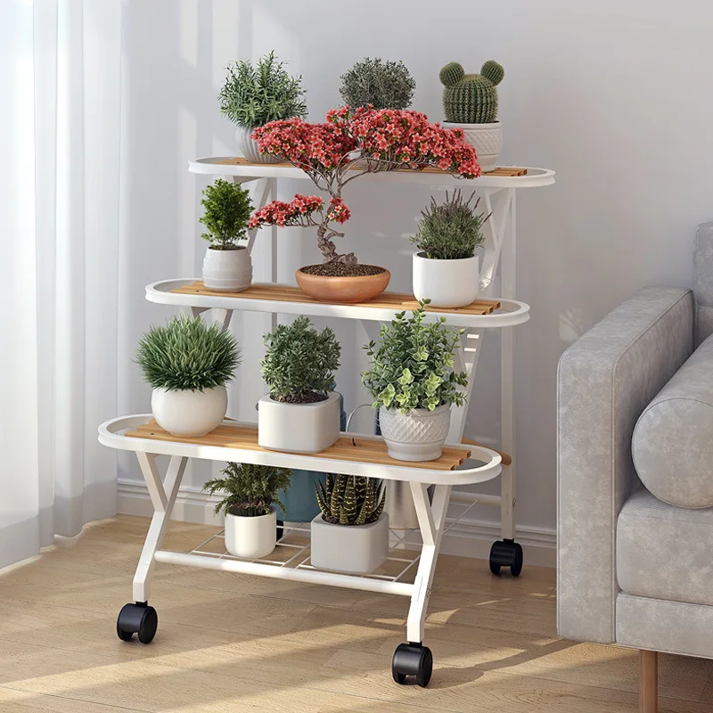 LH simple wheeled flower stand stepped integrated wall plant placement stand