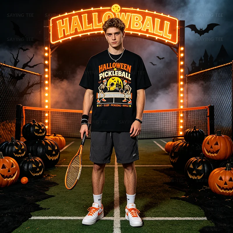 Lustiges Halloween Pickleball-Spiel Skelette und Pickleball T-Shirt Y2K Horror Humor Pickleball-Spieler Grafik-Kostüm Neuheit T-Shirt – Detail 3