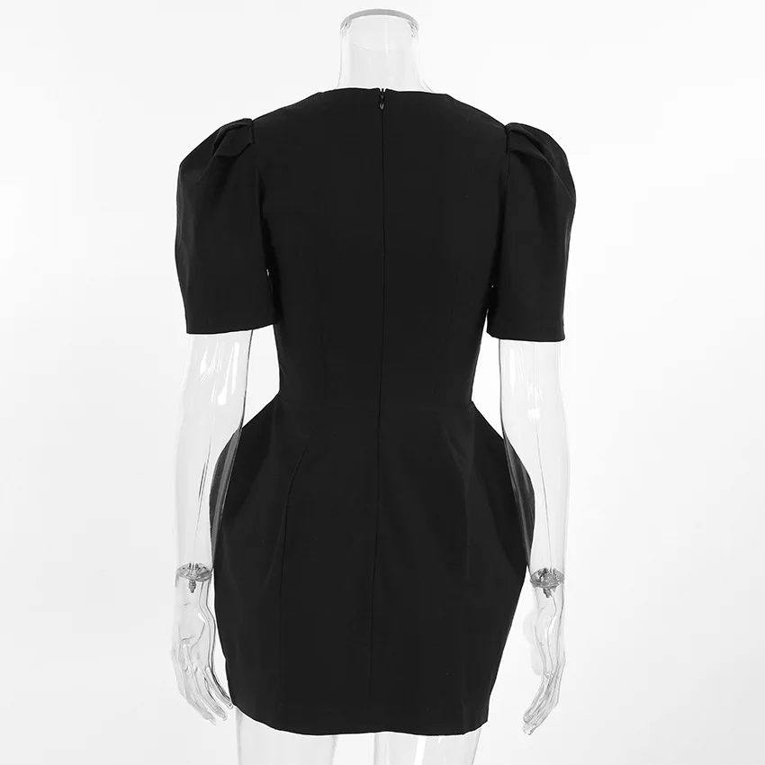 Womens Dresses 2026 New Spring Summer Solid Color Square Neck Bubble Sleeves Cinched Waist Commute Elegant Mini Dress