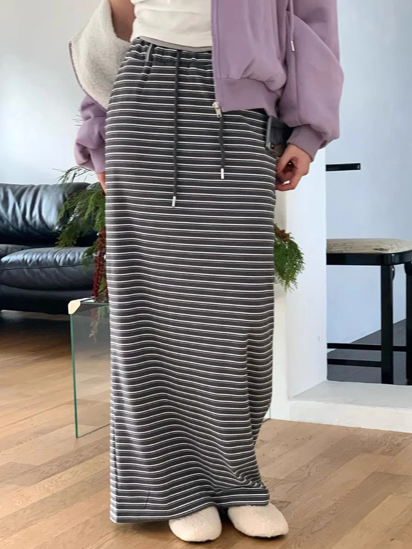 레트로 다용도 컬러 블록 스트라이프 스커트 여성용 초봄 신축성 허리 벨트 스트레이트 롱 스커트