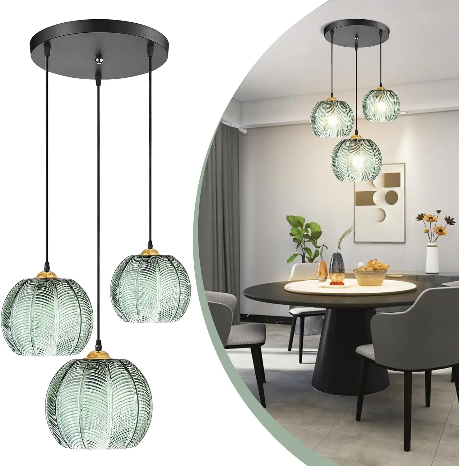 

Green Glass Pendant Light Chandelier Dining Room Glass Kitchen Bar Pendant Lighting Hanging Chandelier 3- Heads E27 Home Decor