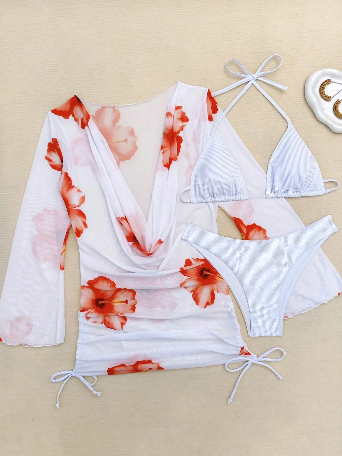 

Vintage White Floral Print Bikini Set 2025 Women Long Sleeve Mesh Loose Dress 3 Piece Swimsuit Beach Bathing Suit Thong Swimwear