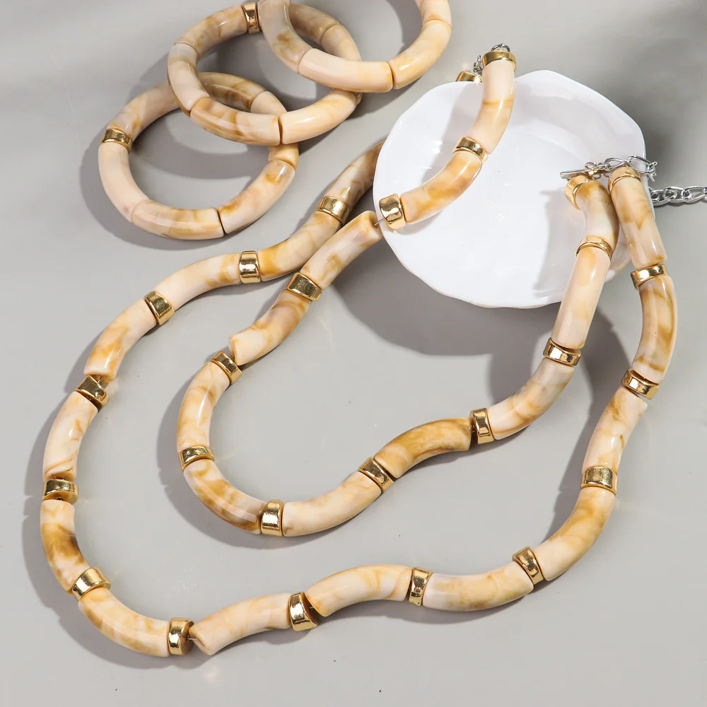 Neue Acryl-Doppelschicht-Bambus-Perlenkette für Damen, Statement-Halskette mit gebogenem Rohr, Stapel-Choker, Armband, Retro-Schmuck, Collier, Geschenk – Detail 6