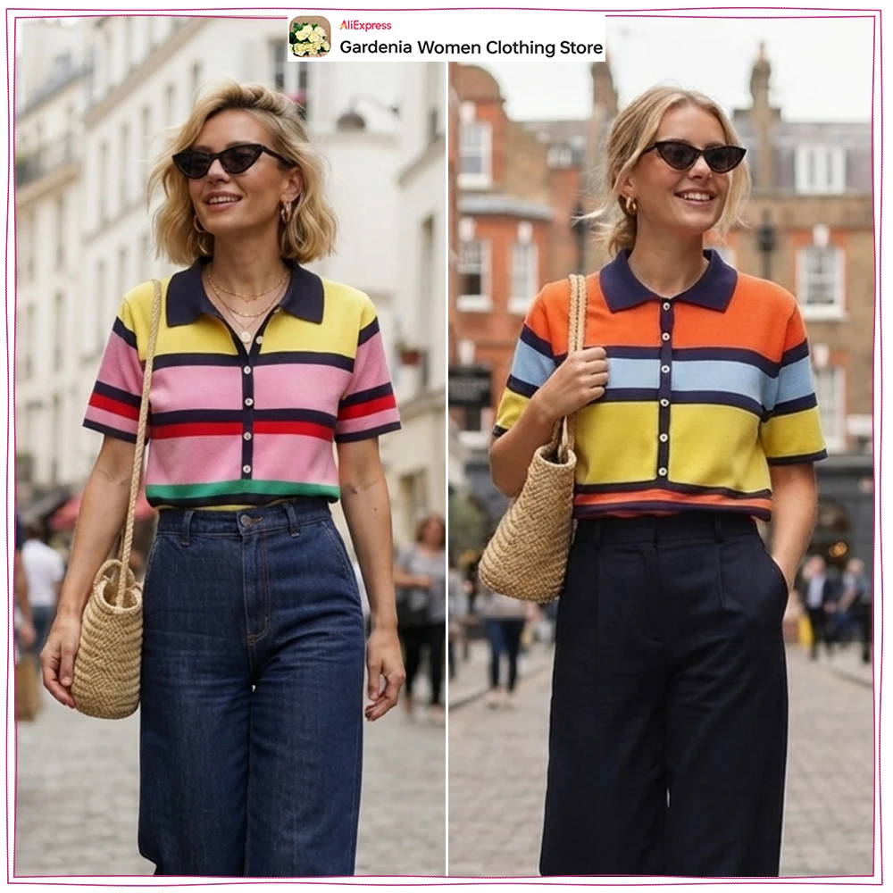 New in Summer Striped Knit Polo Shirts for Women Fashion Printed Short Sleeve Knitwears Elegant Multicolored Polo Neck Knit Tops