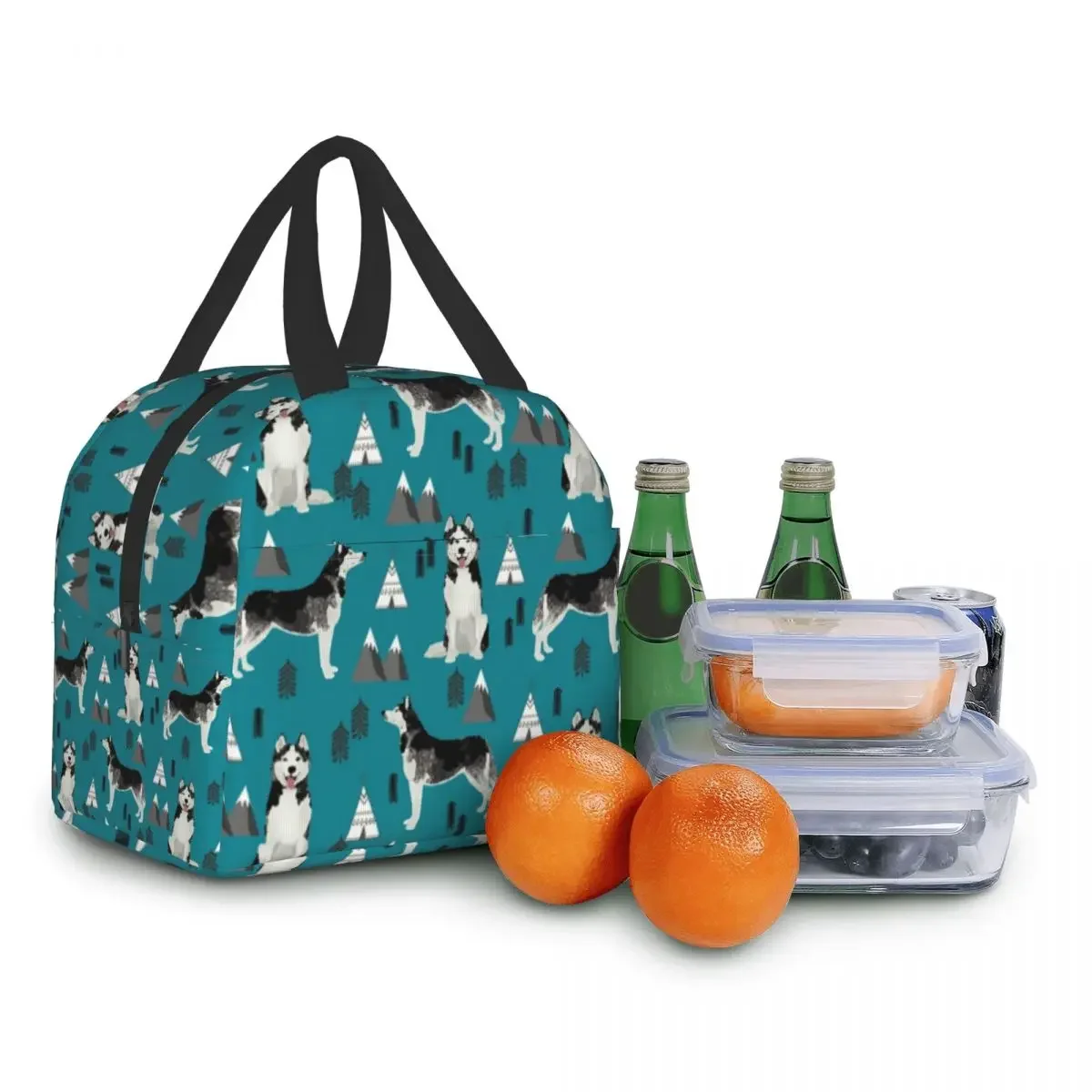 Bolsa de almuerzo con aislamiento térmico Husky Siberiano para mujer, bolsa de almuerzo portátil con retrato de Mascota, perro y montañas, caja de comida