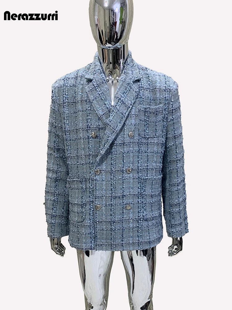 Mauroicardi Autumn Multicolored Colorful Tweed Blazers Jacket for Men Pockets Double Breasted Designer Casual Soft Mens Clothing