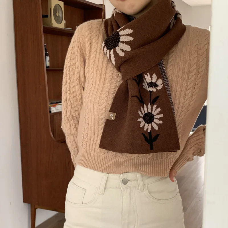 

2023 Winter Sunflower Women's Scarf Warm Wool Kintted Scarves for Female Korean Version Pashmina Shawl foulard femme