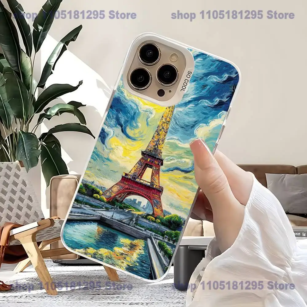 เคสโทรศัพท์ลายหอไอเฟล ปารีส สำหรับ iPhone17,16,15,14,13,12,11,Mini,Pro,SE,MAX,plus สีขาวด้าน ป้องกันการกระแทก